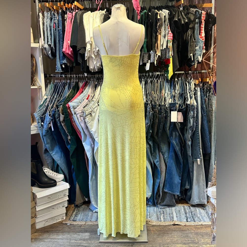 AFRM- Shea Rhinestone maxi bodysuit sheer mesh butter yellow dress new with tags - Picture 4 of 4